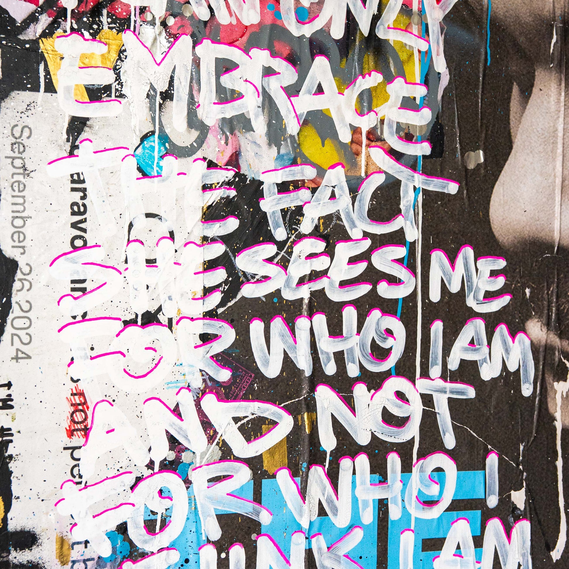 Colorful graffiti-style text on a textured surface with a calendar in the corner.
