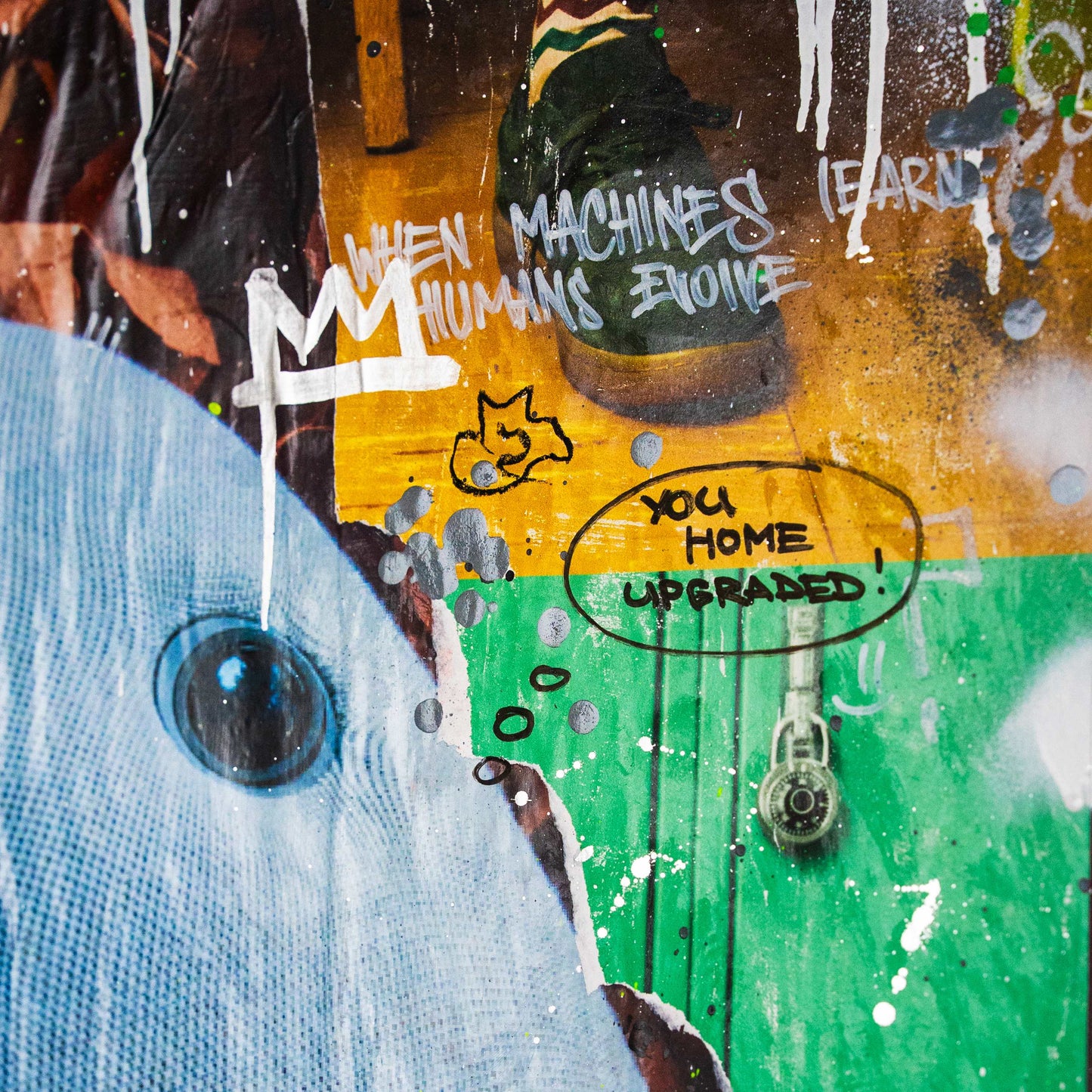 Abstract artwork with text and a blue fish-like figure on a multicolored background