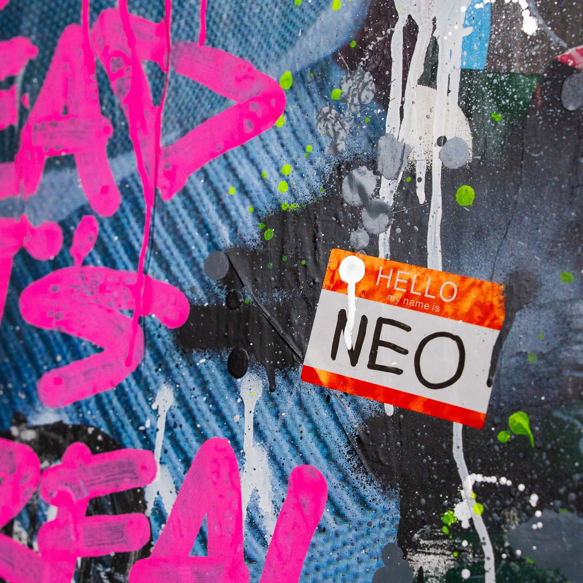 Graffiti-style artwork with pink text and a 'HELLO NEO' name tag on a textured background.