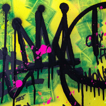Abstract artwork with black figures, pink splashes, and green background