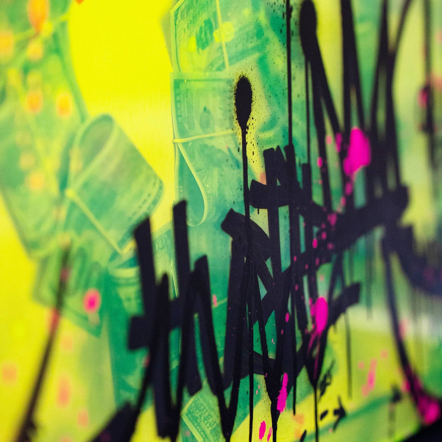 Graffiti-style text with a colorful background featuring green, yellow, and pink.