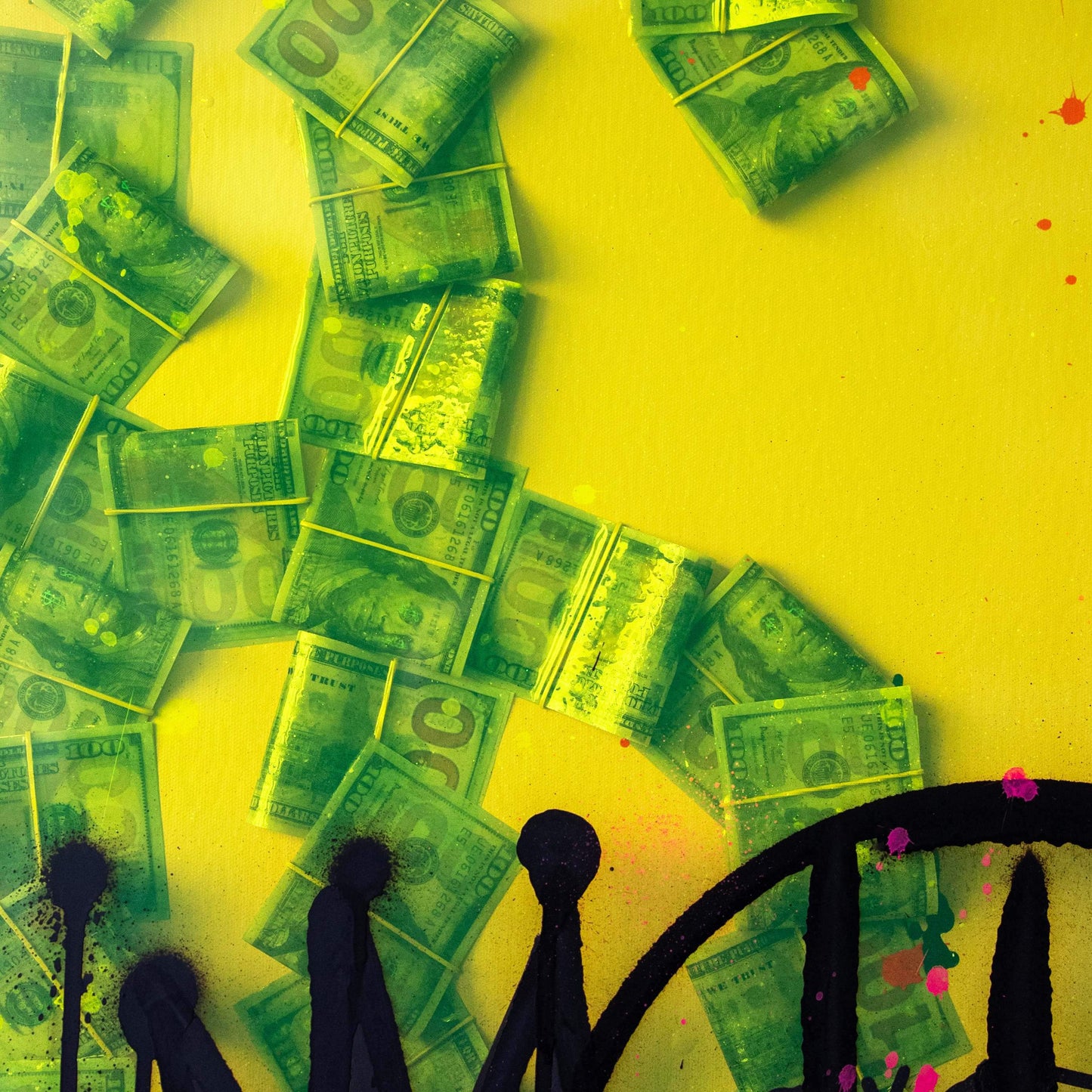 Silhouettes of people standing under a bridge made of dollar bills on a yellow background