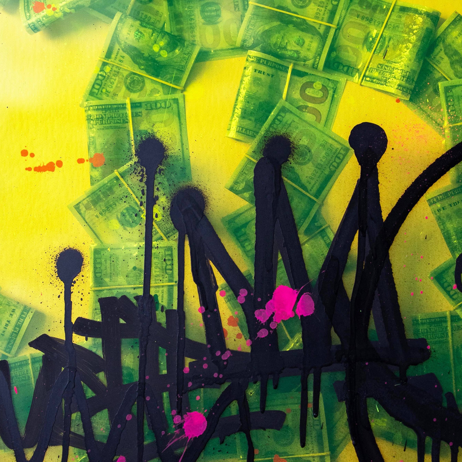 Artistic depiction of people with money on a yellow background