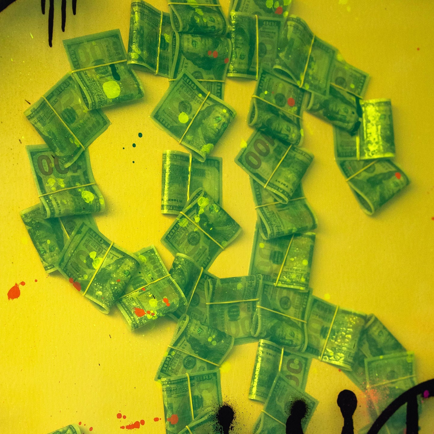 Green dollar bills arranged in a circular pattern on a yellow background