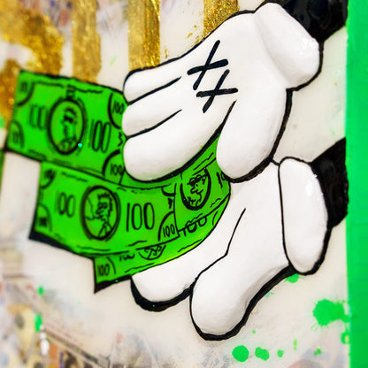 Cartoon character holding a green dollar bill with a black symbol on a colorful background