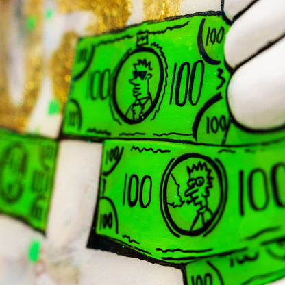 Green dollar bill-themed candy bars held by a gloved hand.