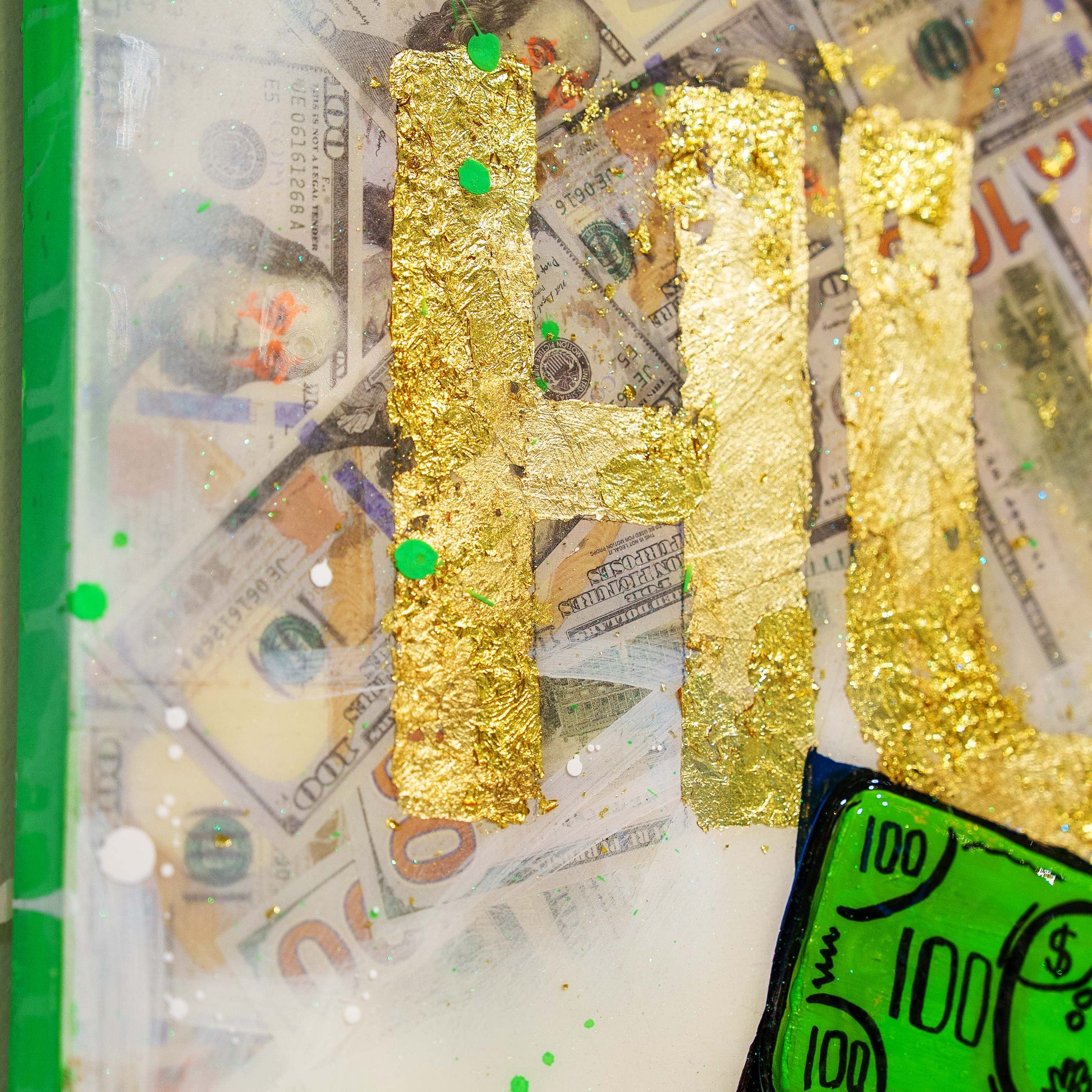 Gold letter 'H' on a background of dollar bills