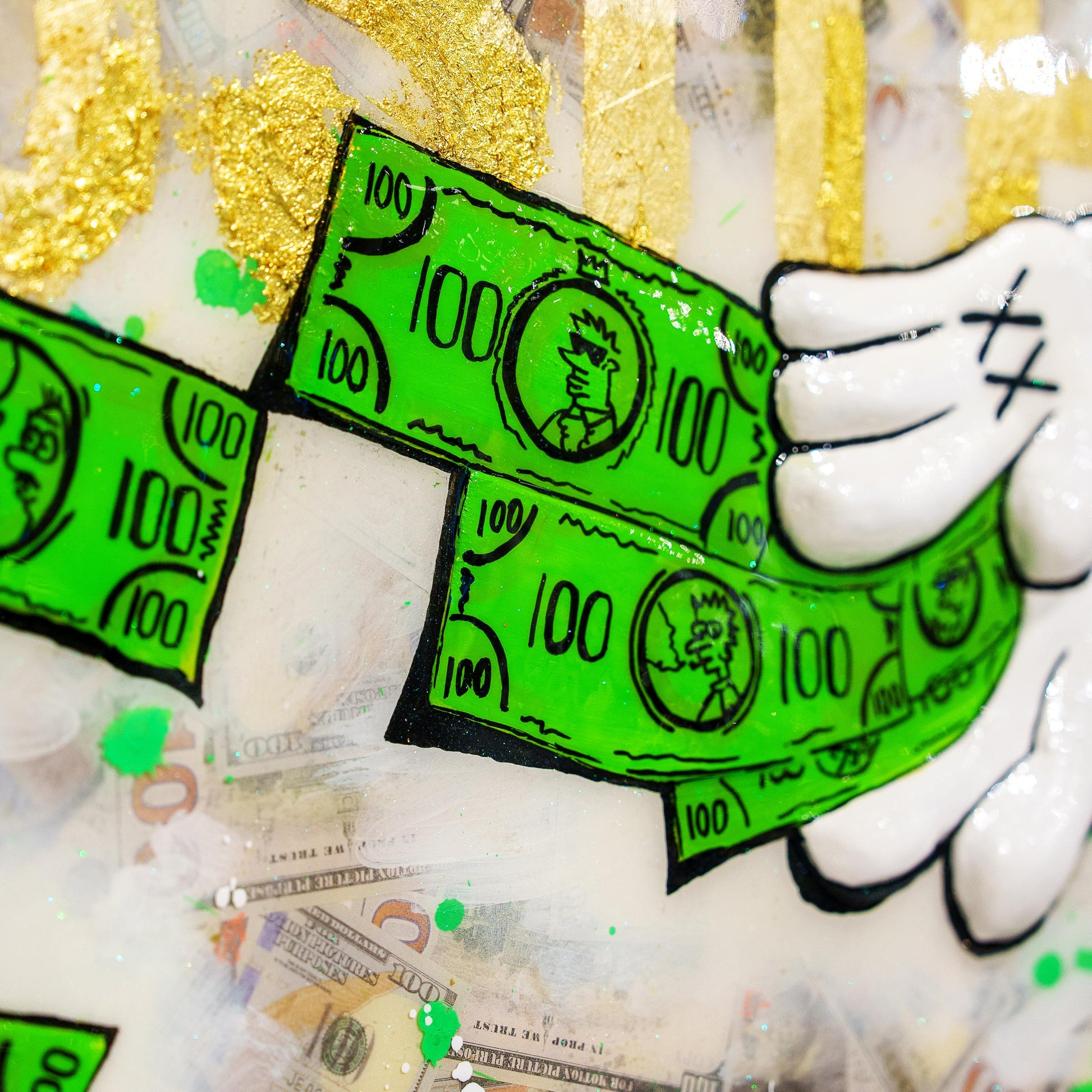 Green dollar bills with a hand holding one, surrounded by gold and white elements.