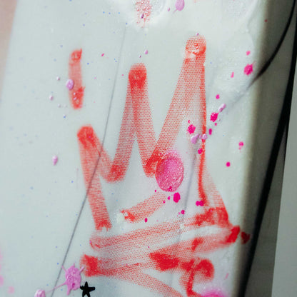 Handprint with red outline and pink center on a white background