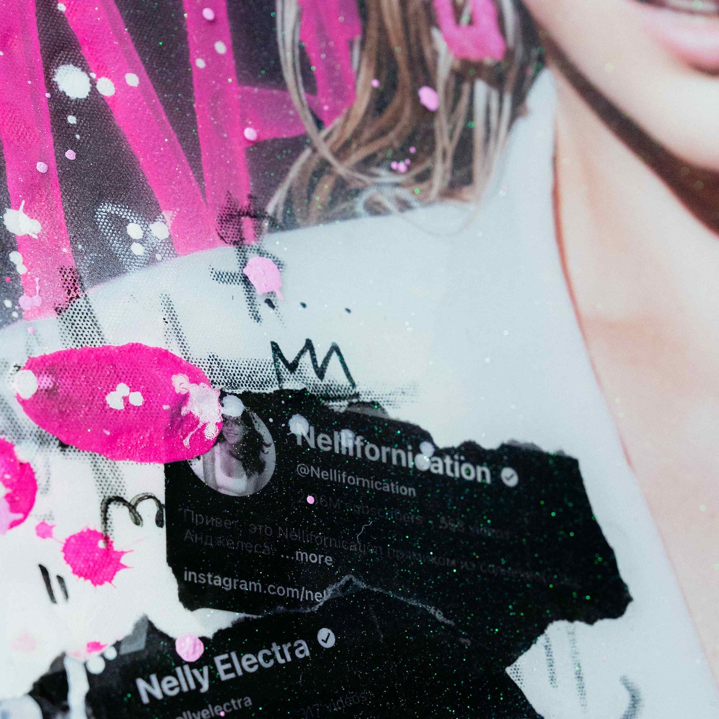 Close-up of a phone case with artistic design and text