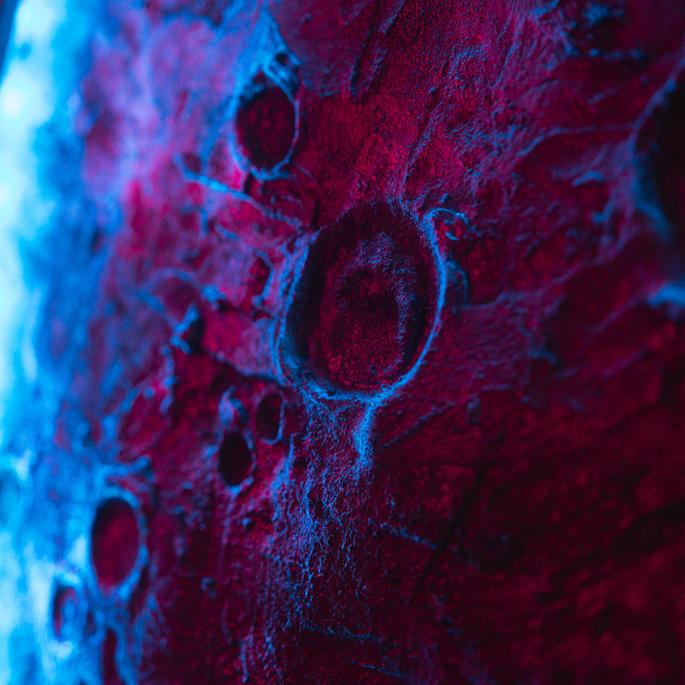 Close-up of textured surface with circular patterns under blue and red lighting