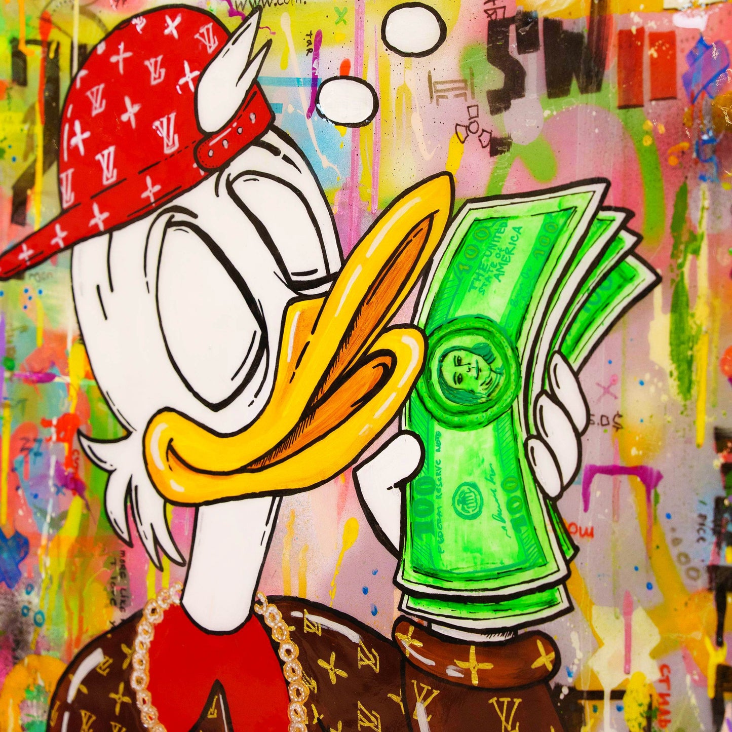 Cartoon character wearing a red hat with a pattern, holding money, on a colorful abstract background.