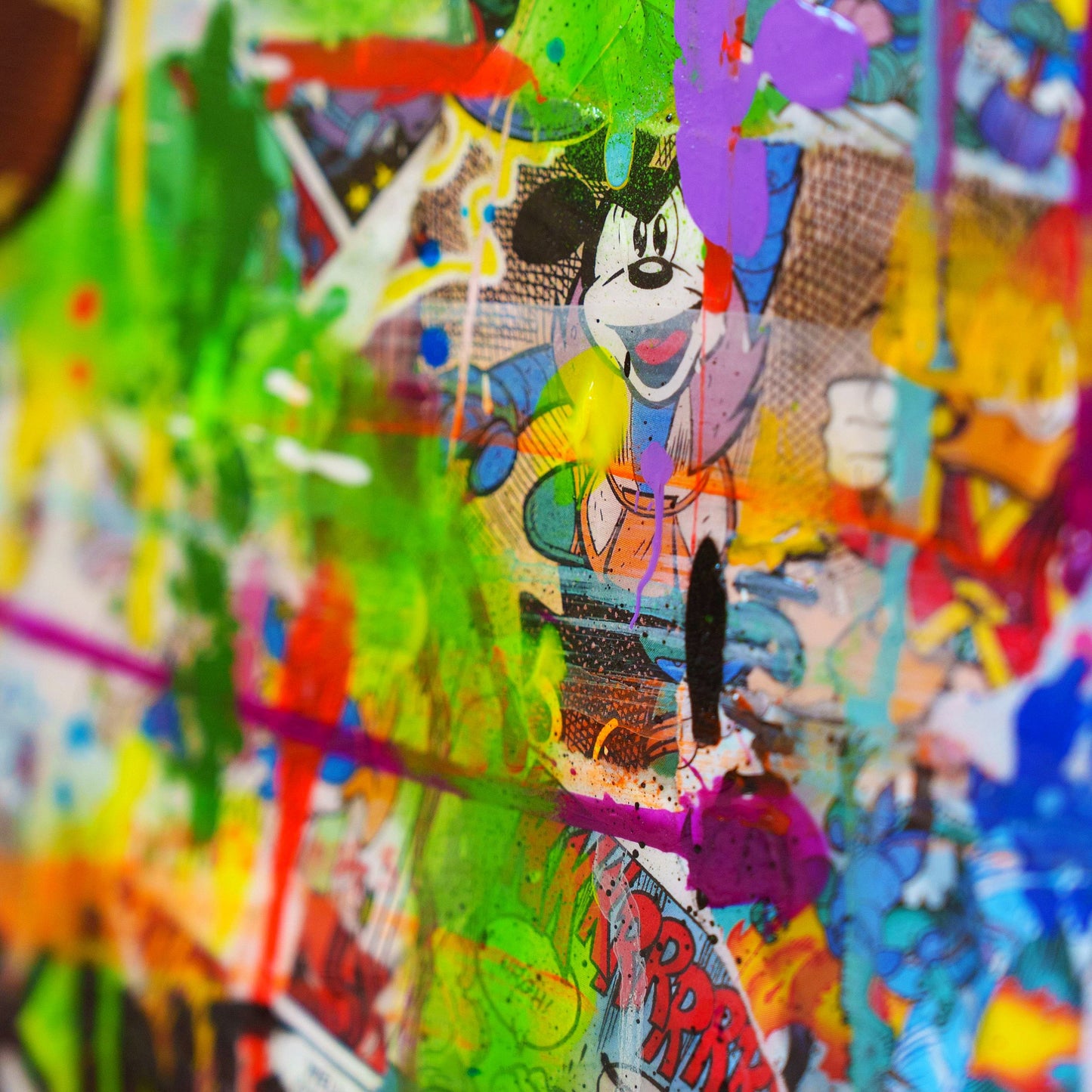 Colorful abstract painting with a cartoon character holding a guitar