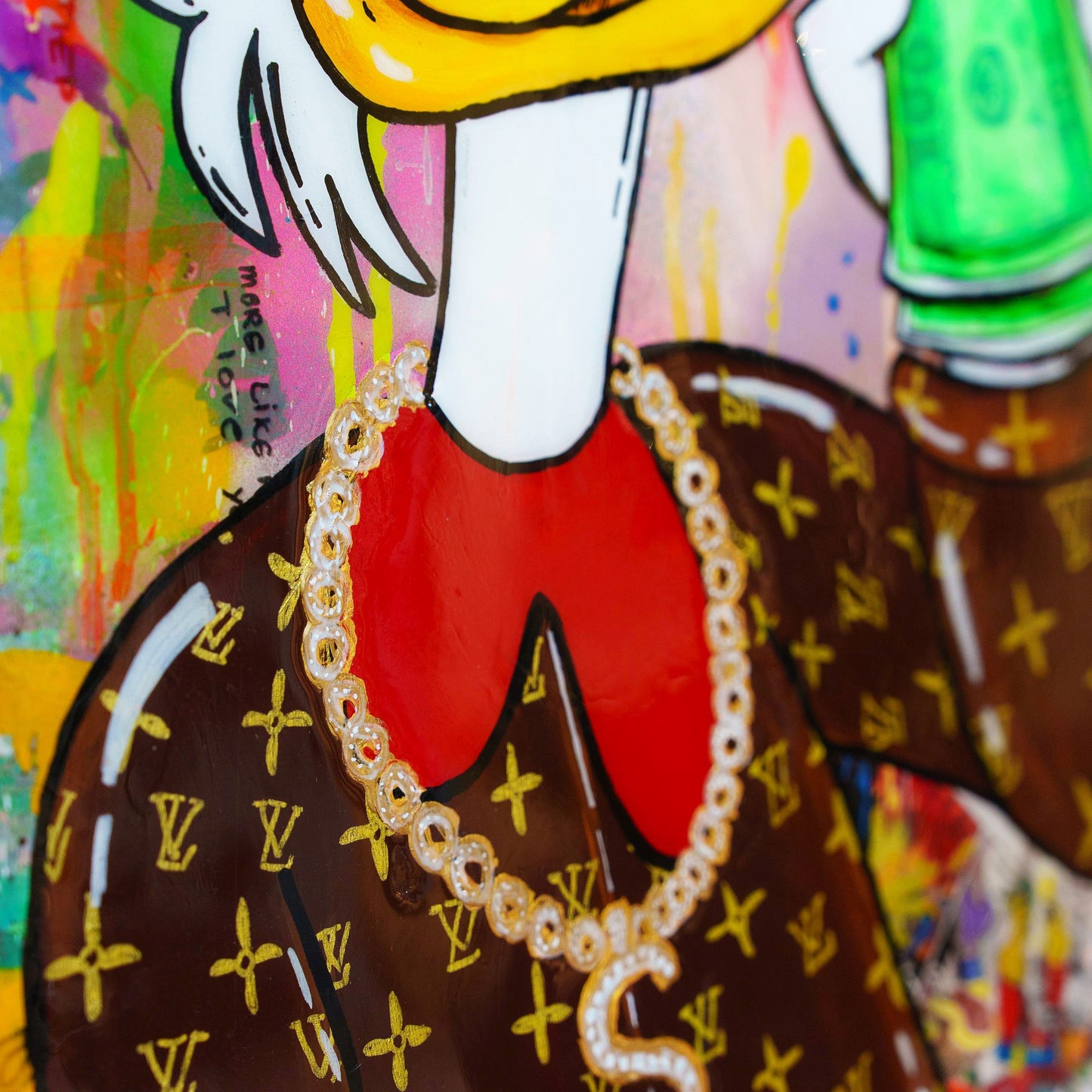 Colorful artwork of a character with a prominent Louis Vuitton logo on clothing.