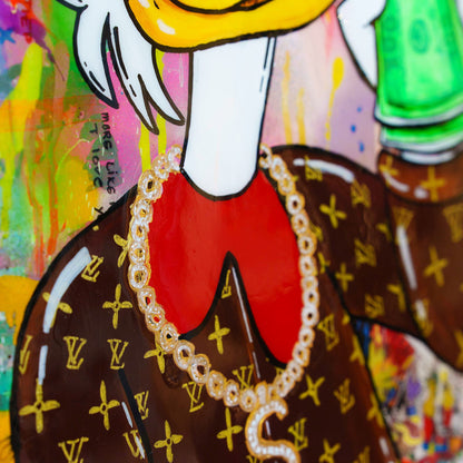 Colorful artwork of a character with a prominent Louis Vuitton logo on clothing.