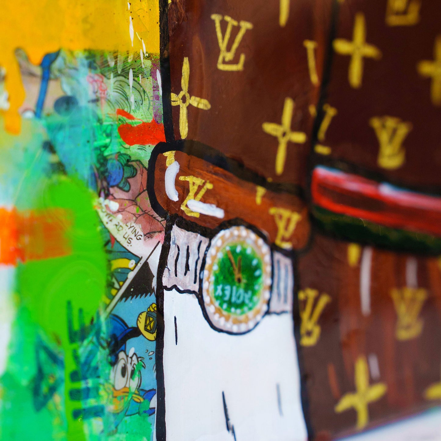 Close-up of a patch with a cartoon character and clock on a multicolored background with a brand logo.