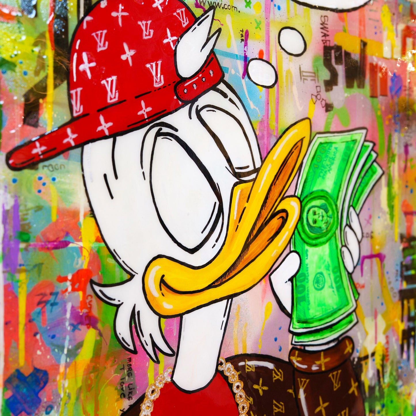 Cartoon character holding money with a colorful, abstract background