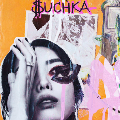 Collage-style album cover with a woman's face, text, and abstract elements on an orange background.
