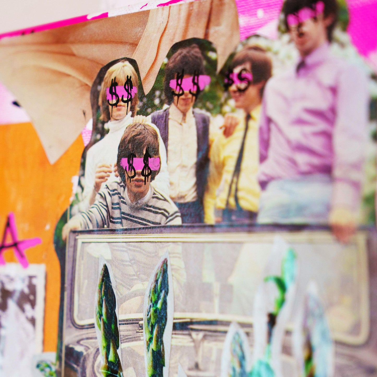 Collage of people with blurred faces on a colorful background