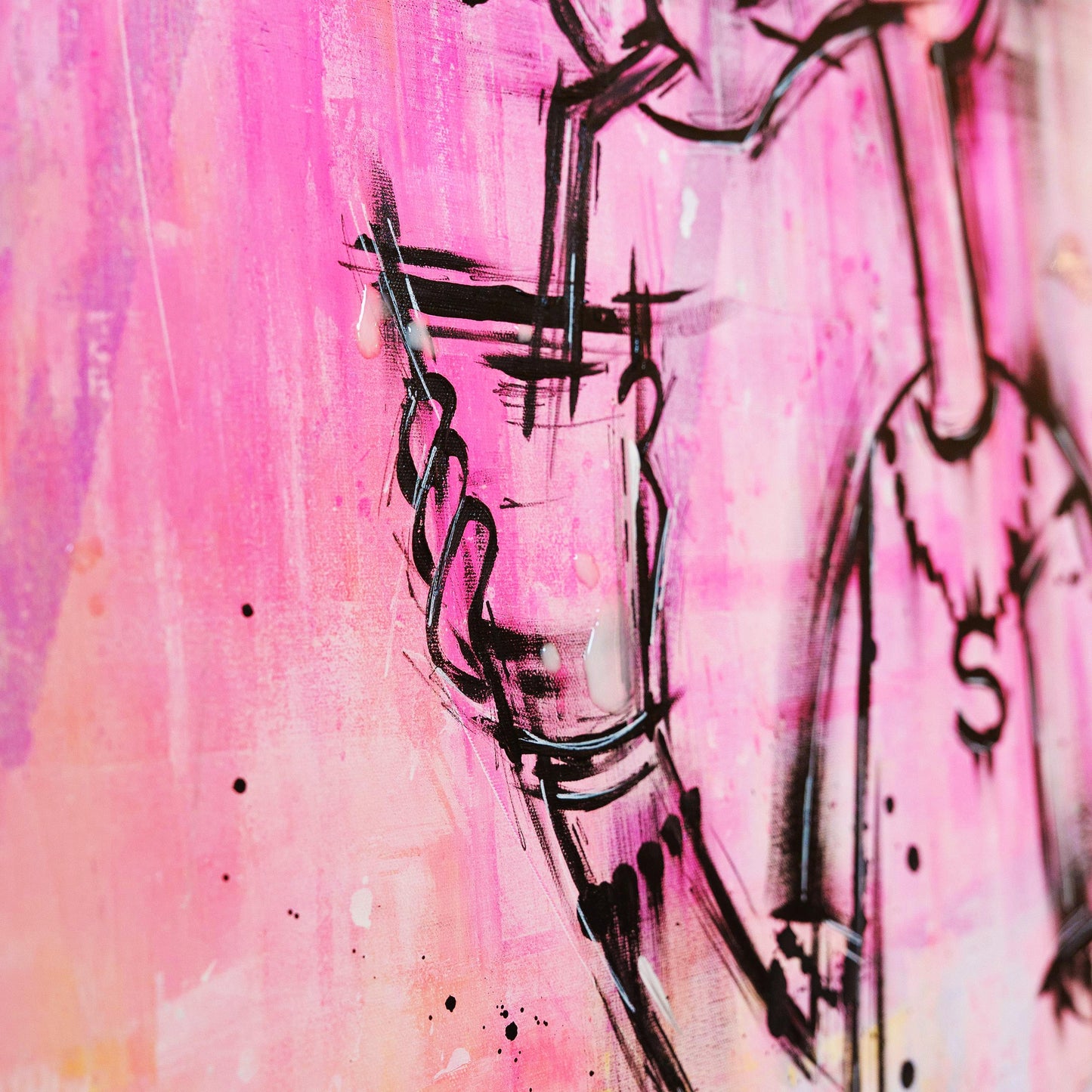 Abstract artwork with black lines on a pink and purple background