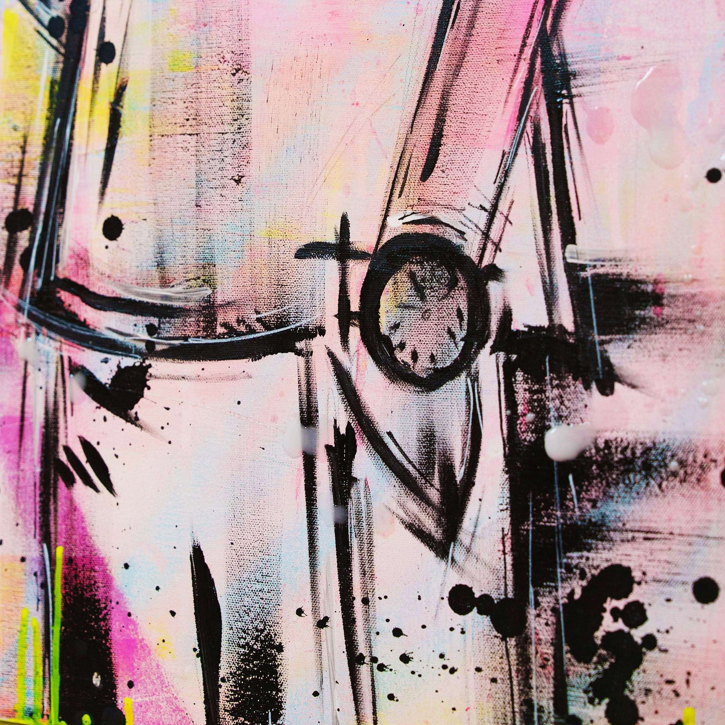 Abstract art with black shapes on a colorful background