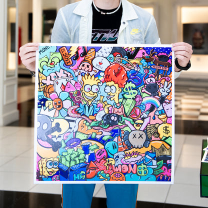 Person holding a colorful graffiti-style poster with various symbols and designs.