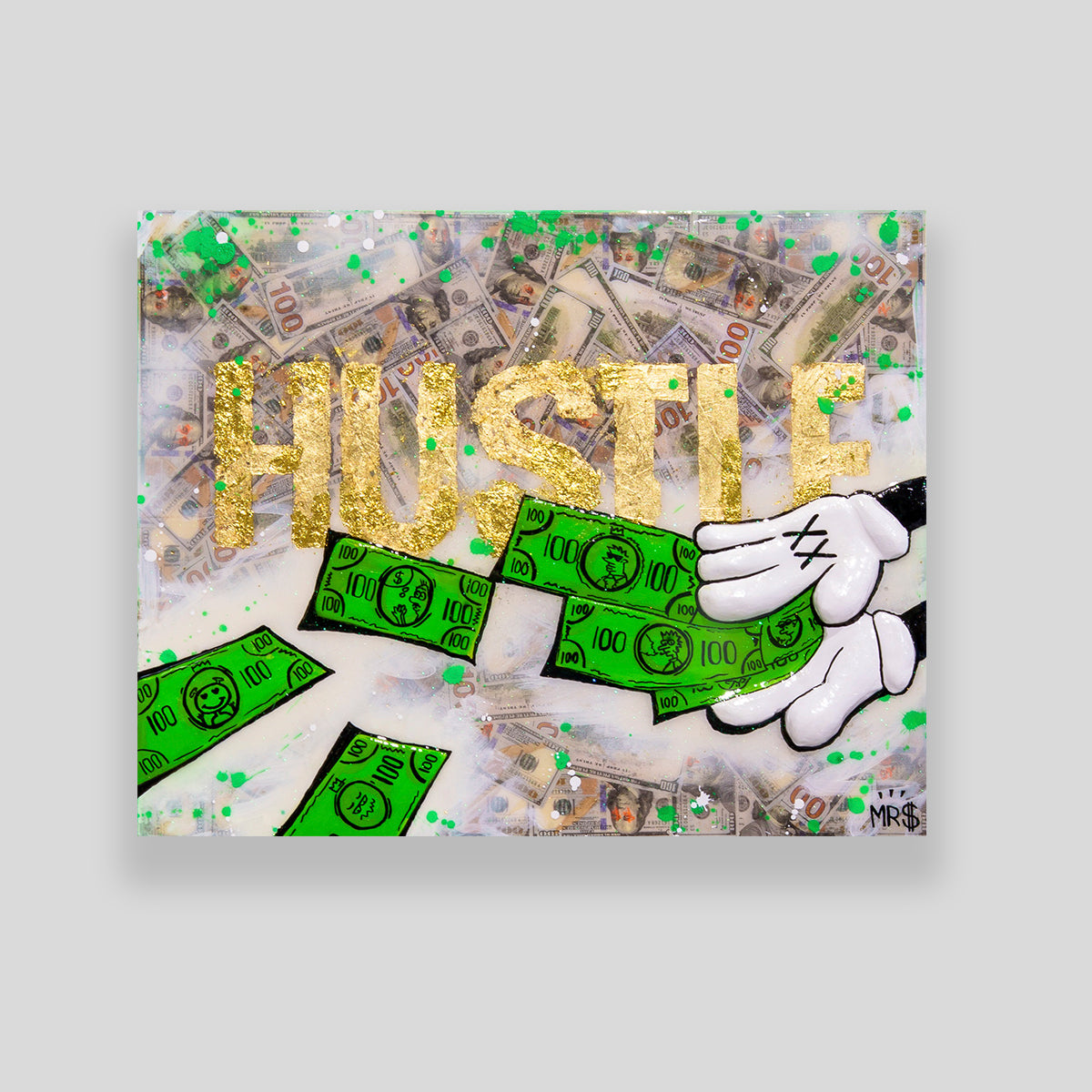 Street art canvas with gold leaf HUSTLE lettering and sculptural money sealed in epoxy resin
