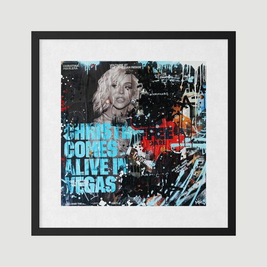 Framed artwork with a colorful design featuring text and a portrait on a light gray background