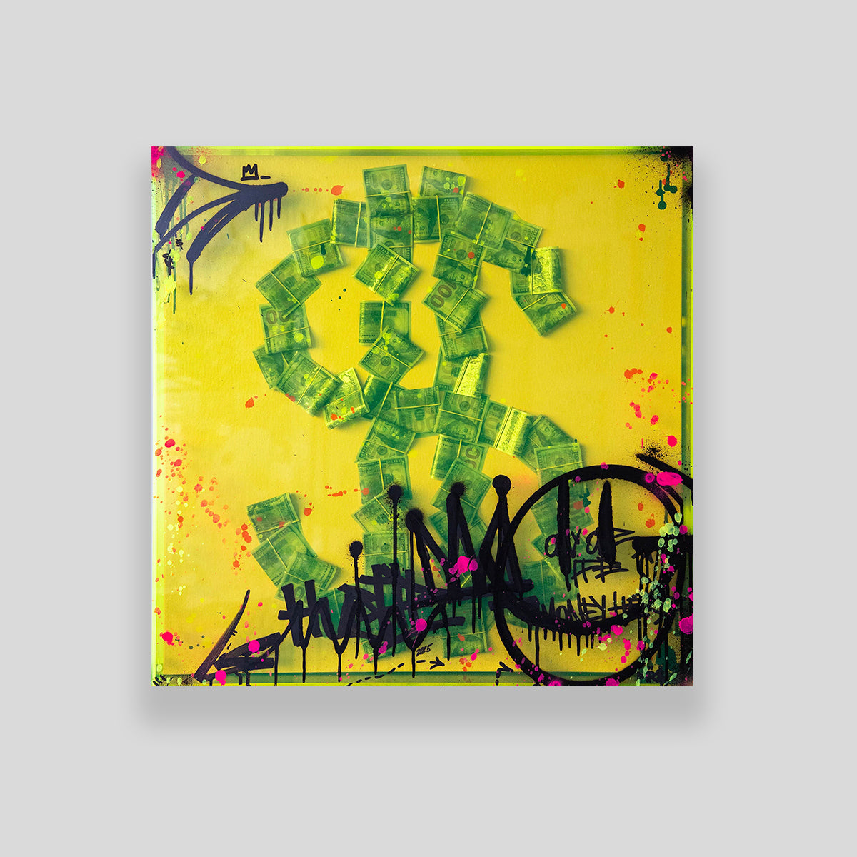 Original street art acrylic box with real money forming a dollar sign sealed in epoxy resin and graffiti spray paint