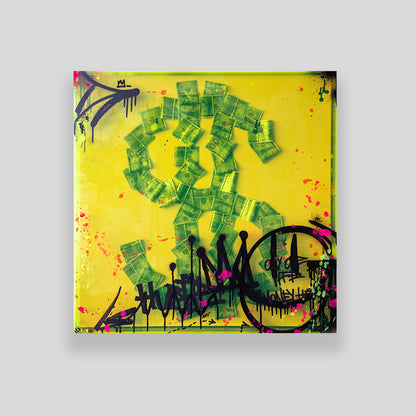 Original street art acrylic box with real money forming a dollar sign sealed in epoxy resin and graffiti spray paint