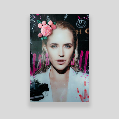 Poster of a person with flowers in hair and text on a light gray background