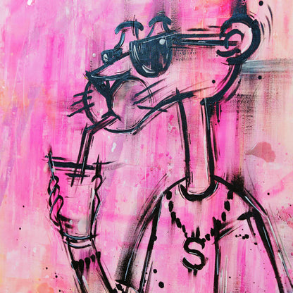 Abstract art with a black figure on a pink and purple background