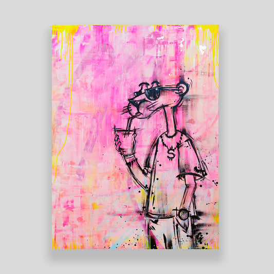 Original pop art canvas with pink panther–inspired character and glossy epoxy resin finish