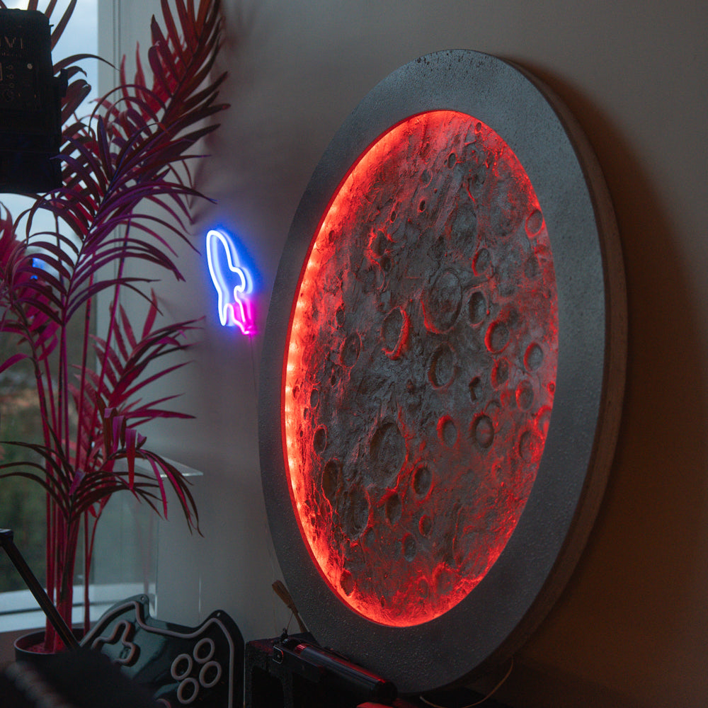 Red circular light fixture on a wall with a plant and blue neon sign in the background