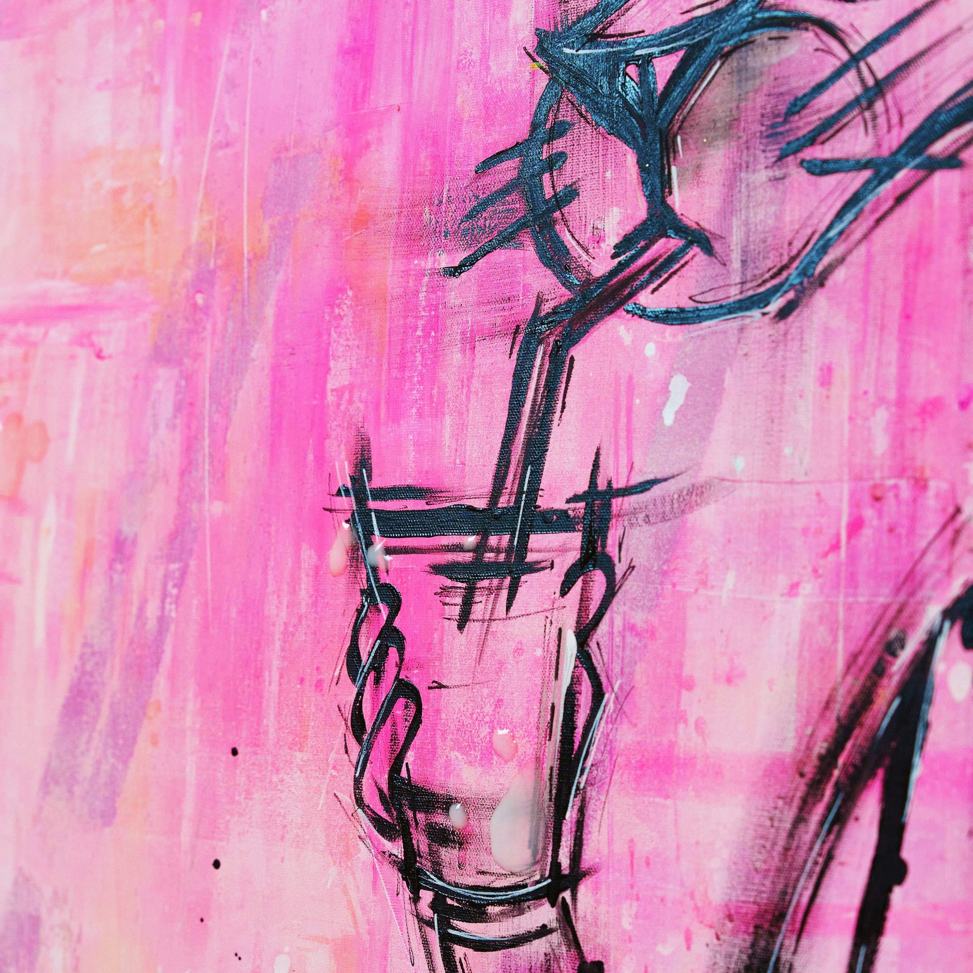 Abstract artwork with black lines on a pink and purple background